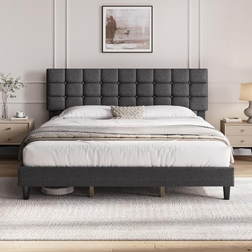 Yaheetech King Size Upholstered Tufted Bed Frame with Headboard, Dark Gray | Sturdy engineered wood frame with linen fabric upholstery features a soft tufted headboard for easy assembly and support - color: Dark Gray, size: King