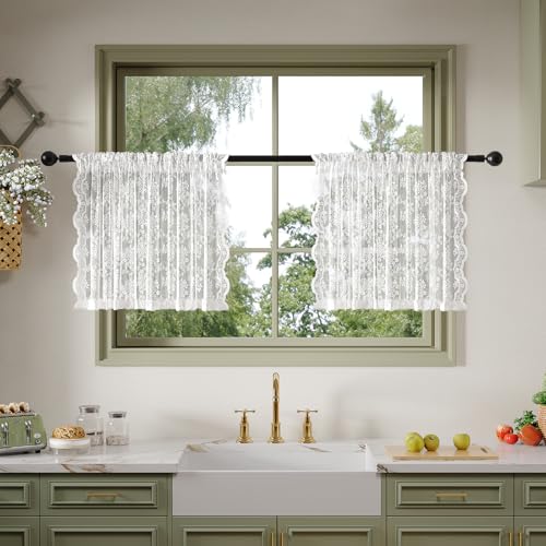 Anmao Vintage Lace Valance Kitchen Curtains 24 Inches Long 2 Panels, Semi Sheer Floral Over Sink Lacy Cafe Curtain, Elegant Window Short Small Drapes, 55W x 24L, White Plum - color: White Plum, size: 55"W x 24"L (Pack of 2)