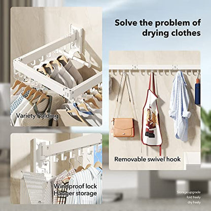 BOQORAD Wall Mounted Clothes Hanger Rack, Clothes Drying Rack,Laundry Drying Rack,Collapsible Clothes Rack Wall Mount, Retractable Drying Rack Clothing,can Fold Upward & Left & Right,White Color - color: White