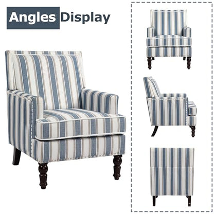 Accent Chair, Comfy Cozy Modern Mid-Century Accent Chairs | Linen Upholstered Lounge Arm chair with Solid Wood Reading Side Padded Single for Living Room/Balcony/Bedroom-Blue Stripe - color: Sackcloth-blue Stripe(s001)