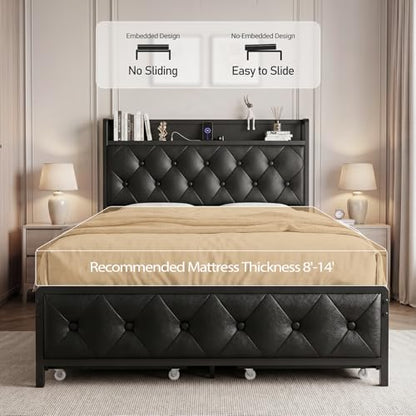 Twin Bed Frame with Button Headboard, PU Leather, All-Metal Support Platform LED Light Strip Twin Bed with Storage and Charge Station, Easy to Install, Stable, Noise-Free (Black) - color: Black