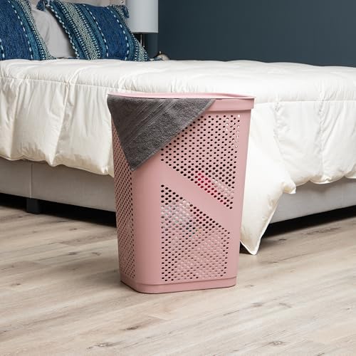 Mind Reader Slim Laundry Hamper with Lid, 60L Clothes Basket, Ventilated Plastic, Pink - color: Pink, size: Single