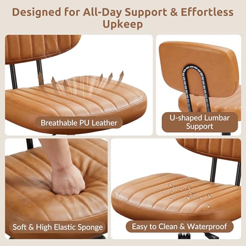 Swivel Rolling Office Chair, Armless Pu Leather Vanity Chair with Back Lumbar Support Height Adjustable Computer Chair, Small Desk Chair for Home Office, Brown - color: Brown