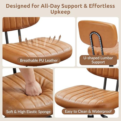 Swivel Rolling Office Chair, Armless Pu Leather Vanity Chair with Back Lumbar Support Height Adjustable Computer Chair, Small Desk Chair for Home Office, Brown - color: Brown