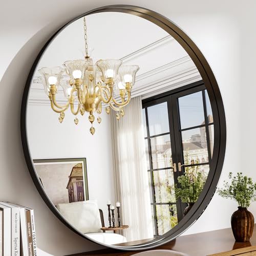 36 Inch Round Bathroom Mirror - Wall Mounted Circle Mirror with Metal Frame, Modern Mirror Suitable for Bathroom, Vanity, Entryway, Living Room, Wall Decor,Black - color: Black, size: 36"L x 36"W