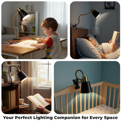 Desk lamp Eye-Caring Table Lamps, 360°Rotation Gooseneck Clip on Lamp Reading Light, Portable Reading Book Light, Clamp Light, Study Desk Lamps for Bedroom and Office Home Lighting (Black and Gold) - color: Black and Gold