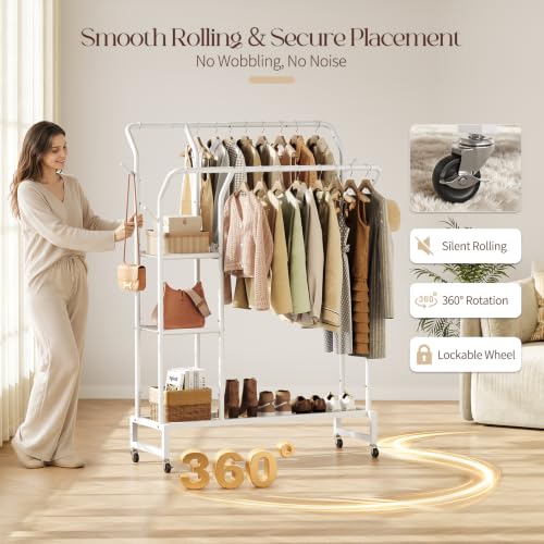 Yoobure Double Rods Clothes Rack - Portable Clothing Rack with Wheels, Rolling Garment Rack with 3-Tier Shelves & 4 Hooks, Freestanding Clothing Racks for Hanging clothes, Coat Rack for Closet Bedroom - color: White