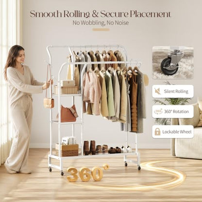 Yoobure Double Rods Clothes Rack - Portable Clothing Rack with Wheels, Rolling Garment Rack with 3-Tier Shelves & 4 Hooks, Freestanding Clothing Racks for Hanging clothes, Coat Rack for Closet Bedroom - color: White