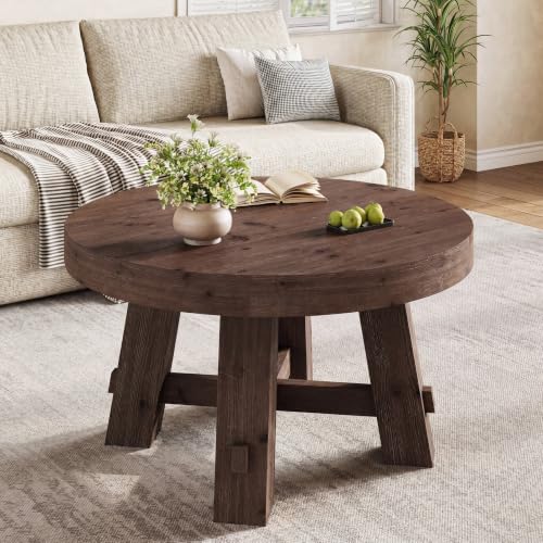 31.5-Inch Round Coffee Table, Solid Wood Center Table with Thickened Tabletop for Living Room, Apartment, Small Space, Brown - color: Walnut Brown