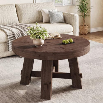 31.5-Inch Round Coffee Table, Solid Wood Center Table with Thickened Tabletop for Living Room, Apartment, Small Space, Brown - color: Walnut Brown