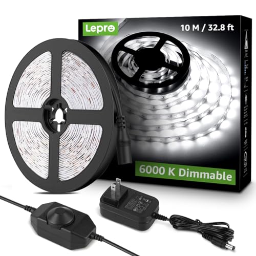 Lepro LED Strip Light, 32.8Ft Dimmable Vanity Lights, 6000K Super Bright LED Tape Lights, 600 LEDs SMD 2835, Strong 3M Adhesive, Suitable for Home, Kitchen, Under Cabinet, Bedroom, Daylight White - size: 32.8 ft
