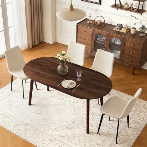 63" Oval Dining Table Set for 4 with Solid Wood Legs | 5 Piece Walnut Dining Table Set for Kitchen and Dining Room Furniture, 4 PU Beige Dining Chairs, Mid Century Modern - color: Walnut Table Beige Chairs
