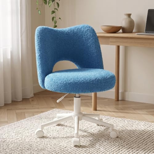 DurayLoly Vanity Chair with Wheels,Soft Teddy Fabric 6" Thick Cushion, Height Adjustable 17.5"–21.5", Open Back, 360° Swivel for Vanity Table, Home Office Dark Blue - color: Dark Blue