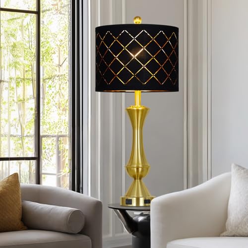 29" Gold Modern Table Lamps Set of 2, 3-Way Dimmable Touch Lamps for Nightstand with USB A+C & Outlets,Brass Lamps for Living Room, Bedroom, Nightstand, Entryway(2 Bulbs Included) - color: Gold-Black Lamp Shade-2Pack
