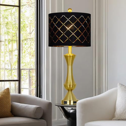 29" Gold Modern Table Lamps Set of 2, 3-Way Dimmable Touch Lamps for Nightstand with USB A+C & Outlets,Brass Lamps for Living Room, Bedroom, Nightstand, Entryway(2 Bulbs Included) - color: Gold-Black Lamp Shade-2Pack