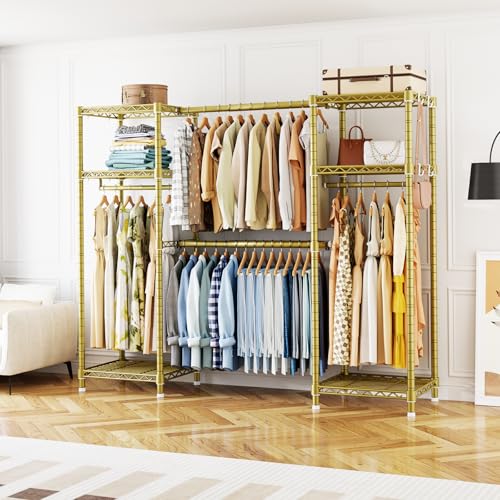E7 Garment Rack, Heavy Duty Clothes Storage System with Extendable Rod | Metal Clothing Rack with 6 Wire Shelves, Freestanding Portable Closet Wardrobe for Hanging Clothes, Load 838lbs, Gold - color: Gold