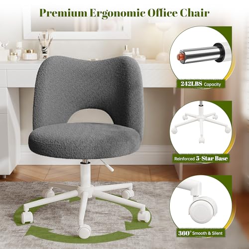 DurayLoly Vanity Chair with Open-Back & Wheels,Armless,Grey | 360° Silent Wheels,Comfy Teddy Fleece,Height Adjustable for Make-up Room,Bedroom,Dorm,Grey - color: Grey