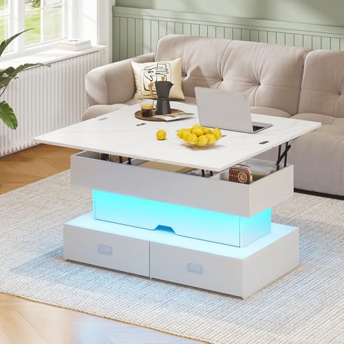 Turosur 40" Lift Top Coffee Table, Coffee Tables with Storage and 4 Drawer, Coffee Table with Lifting top with LED Lights for Living Room Home Office - color: White