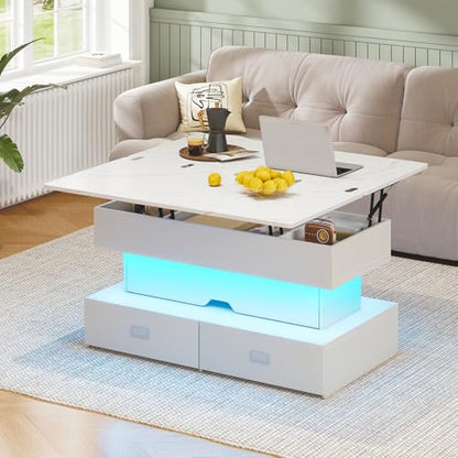 Turosur 40" Lift Top Coffee Table, Coffee Tables with Storage and 4 Drawer, Coffee Table with Lifting top with LED Lights for Living Room Home Office - color: White