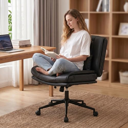 Armless Criss Cross Office Chair with Wheels,PU Leather Black | 5.5" Double Layers Thickened Seat Cushion and Backrest,Lumbar Pillow,Swivel Chair,Wide Comfortable Cross Legged,320LBS - color: Black