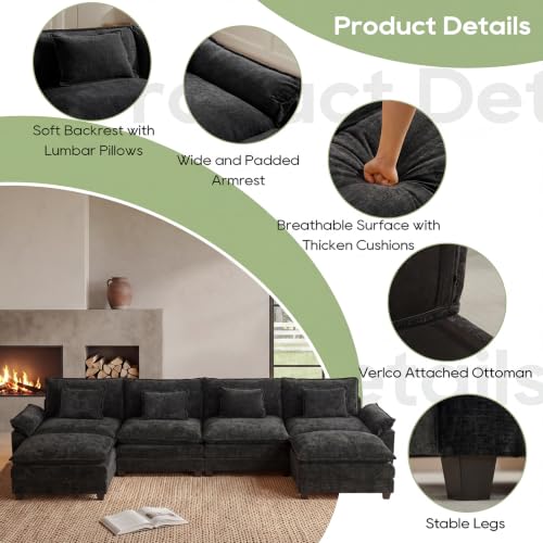 154" Modular Sectional Sofa, Comfy Deep Cloud Couch with Ottoman | U-Shaped Couches for Living Room, Modular Couch, Deep and Wide Seat, Chenille Sofa Sleeper with Throw Pillows, Black - color: Black, size: 154 Inch U