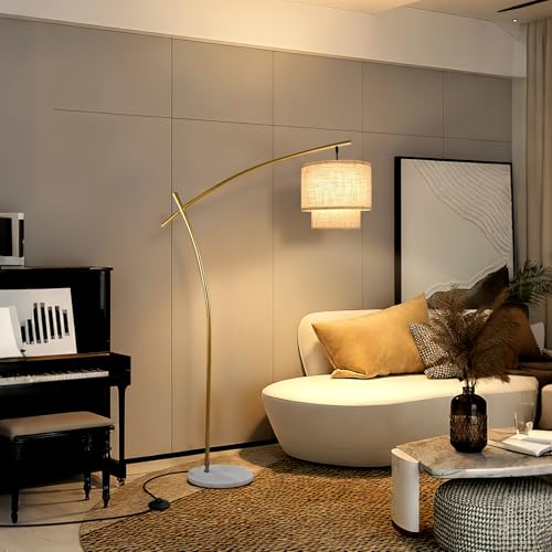 Lightdot Arc Floor Lamp for Living Room, Modern Standing Tall Lamps with Double Linen Shade, Tall Hanging Pole Lamp with Stable Base & Bulb Included for Bedroom/Sofa Beside/Corner Decor-Gold - color: Fabric-Gold