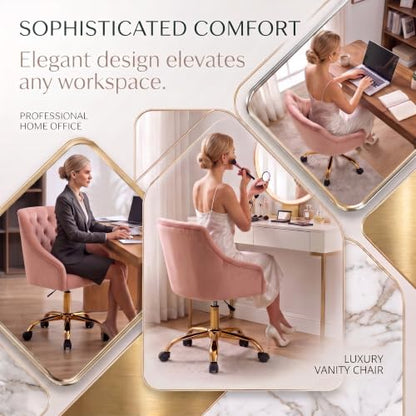 MOJAY Velvet Home Office Desk Chair, Vanity Chair with Wheels Pretty Fancy Gold 360°Swivel Height Adjustable Office Chairs for Girls Home Offices, Bedrooms, Living Room (Pink) - color: Pink