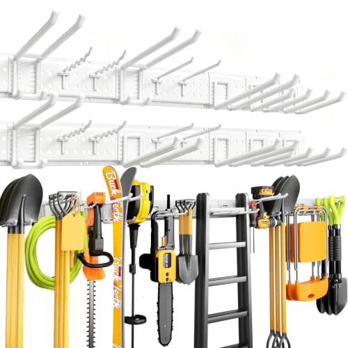 Garage Tool Organizer Wall Mount 99 inches with 18 Adjustable Heavy-Duty Hooks, Garage Organization, Garden Tool Storage Rack for Garage,Yard,Shed,Holds Up to 750 lbs,White - color: White, size: 99" | 6 Panels + 18 Hooks
