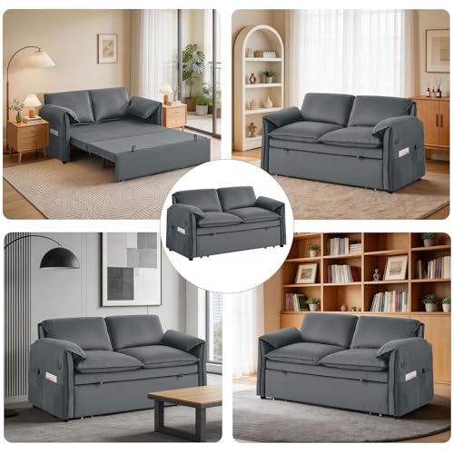 63" 3-in-1 Velvet Convertible Sleeper Sofa Bed, Modern Adjustable Backrest Loveseat Pull Out Couch with USB & Side Pocket, Small Space Love Seat Sofa Bed for Living Room, Bedroom, Grey Velvet - color: Grey