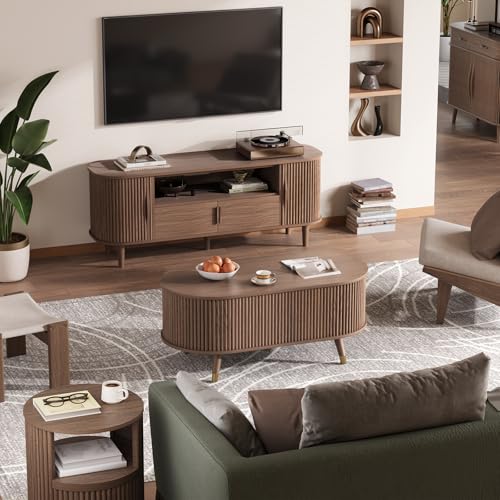 SULIVES Oval Coffee Table with Storage, Multifunctional Lift Top Drum Coffee Table, Small Fluted Center Table for Living Room, Walnut - color: Walnut_oval