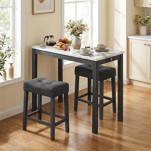 COSTWAY 3-Piece Wooden Bar Table Set with Charging Station | Modern Counter Height Table, Faux Marble Top, 2 Padded Stools, Console Table Set for Living Room, Kitchen, Dining Room, White - color: White