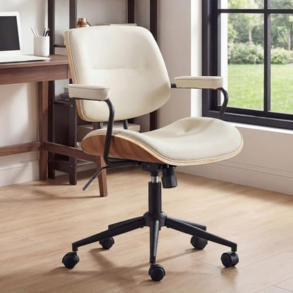 Mid Century Modern Office Chair with Armrest and Adjustable Backrest, Beige | Wooden frame with armrests & adjustable backrest, swivel & height-adjustable, PU leather seat for home office comfort - color: Beige