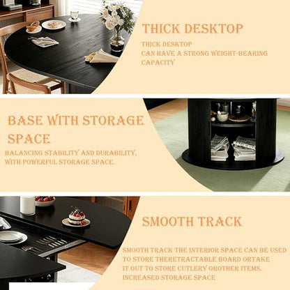Wildhome Extendable Round Dining Table for 2-4-6, 63 Inch Dining Room Kitchen Table with 2-Tier Storage Shelf, Modern Farmhouse Fluted Wood Slide Door Dinner Furniture,Oval Circle,Black-63 Inch - color: Black-63 Inch
