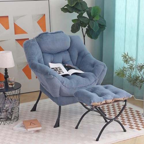 Lazy Chair with Ottoman, Comfy Reading Accent Chair, Plush Light Blue | Foldable Footrest, Padded Seat and Backrest, Side Pocket for Lounging in Living Rooms, Bedrooms, Dorms and Small Spaces - color: Plush-light Blue