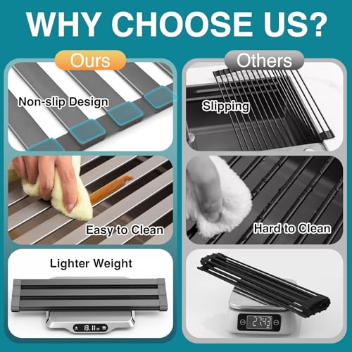 COOL-ANGLE Aluminum Roll Up Dish Drying Rack, 17.7x13.4 Inches, Matte Gray | Rust proof aviation aluminum, Heat resistant trivet up to 400F, Fits sinks up to 16.8 inches, Foldable for compact RV storage - size: Rectangle 17.7'' x 13.4''