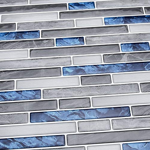 Art3d Peel & Stick Brick Kitchen Backsplash Self-Adhesive Wall Tile Stone Design, 10 Sheets, Blue Marlbe, 30 * 30cm | Moisture Resistant, Strong Adhesive, Sturdy, Cleanable, Easy to Install, for Kitchen, Laundry Room, Ideal for New Home Buyers