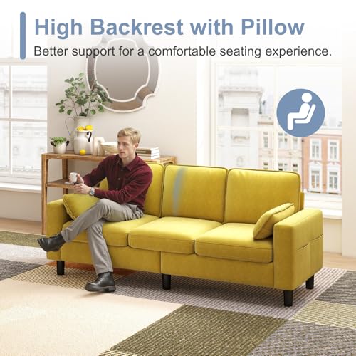 KINTNESS 78” 3 Seater Sofa Couch for Living Room, Modern Sectional Sofa with Deep Seat & Armrest Pillow, Comfy Sofa Set for Bedroom, Apartment and Office, Removable Covers, Non-Slip, Yellow | COTTON - size: 3 seater