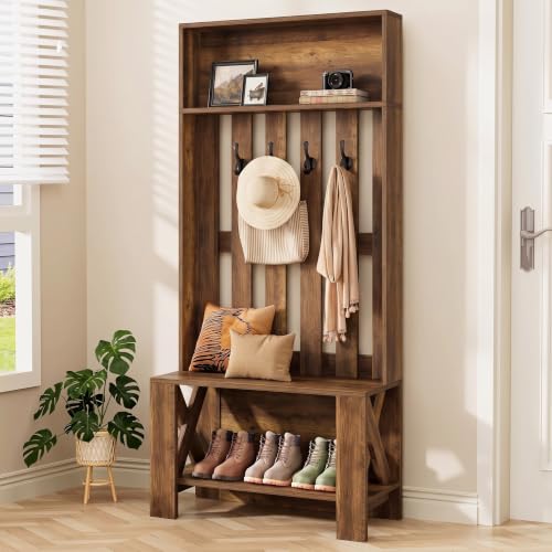 Tribesigns Hall Tree with Bench and Shoe Storage, Farmhouse Entryway Bench with Coat Racks, 70.8" Tall Wooden Freestanding Coat Rack with shoe storage and 4 Hooks for Mudroom, Hallway, Bedroom, Brown