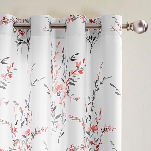 MYSKY HOME Short Floral Curtains 63 Inch Length 2 Panels for Cafe | Thermal Insulated Light Filtering with Leaf Pattern Printed for Kitchen Girls Bedroom Nursery Bathroom, 52" W, Coral, Grommet - color: B-coral, size: 52"W x 63"L (Pack of 2)
