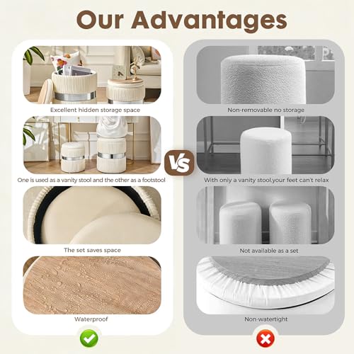 Round Ottoman with Storage Set of 2 White Velvet Vanity Stool | Upholstered,Small Ottoman Coffee Table,Removable Lid,Foot Stool for Living Room,Bedroom,Assembly Free, Silver and White - color: White