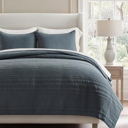 EVERGRACEHOME 100% Cotton Modern Lines Quilt Set Queen Size, Midnight Blue | Pre-Washed Soft Cotton, Striped Coverlet Bedspread, 3 Piece Lightweight Bedding Set for All Season, with 2 Pillow Shams - color: Midnight Blue, size: Full/Queen (92" X 92")