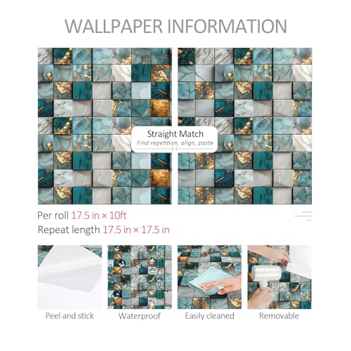 ReWallpaper Teal Gold Marble Backsplash Wallpaper Peel and Stick Kitchen Wallpaper Waterproof Vinyl Wall Covering Removable Contact Paper for Stove Wall Bathroom Backsplash Laundry Room 17.5in x 10ft - size: 17.5in x 10ft