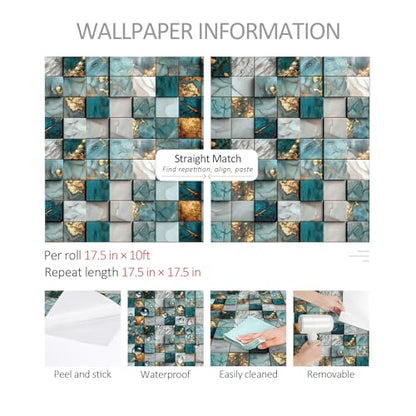 ReWallpaper 17.5in x 23ft Marble Mosaic Tile Wallpaper Peel and Stick Blue and Gold Waterproof Backsplash Contact Paper for Kitchen Wall Bathroom Laundry Room Coffee Bar Rental Home Accent Wall Decor - size: 17.5in x 23ft
