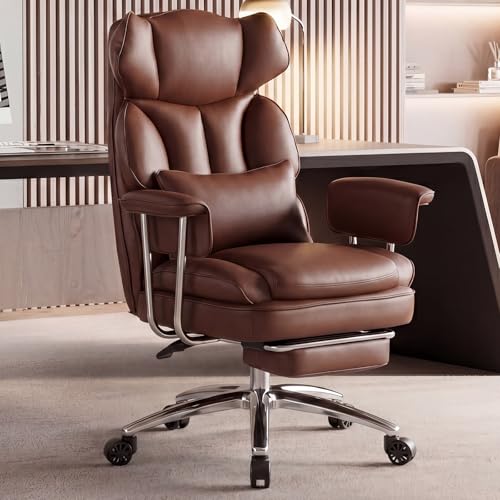 DUMOS Ergonomic Home Office Desk Chair, Executive Chair, PU Leather | Big Tall High Back, Lumbar Support, Reclining Height Adjustable, Computer Gaming, Footrest Swivel Wheels, Brown - color: Brown