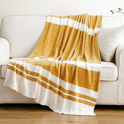 BATTILO HOME Mustard Yellow Throw Blanket for Couch, Soft Chenille Throw Blanket Knit Throw Blankets for Bed, Sofa,Chair, Farmhouse Throw Blankets, Fall Throw Blanket,51"x67" - color: Yellow and White Striped