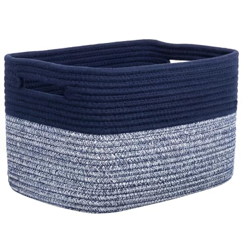 Storage Baskets for Organizing, 14 x 10 x 9” Closet Shelf Woven Baskets, Square Bins with Handles, Cotton Rope Basket for Clothes, Office, Room, Grey+Blue 1 Pack - color: Grey+Blue, size: 1pc