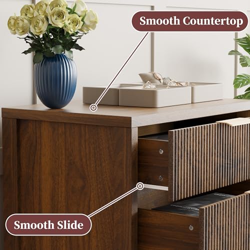 Fluted Nightstand, 23.7'' Wide Night Stand with 3 Drawers, Mid-Century Modern Bedside Table with Handles, Wood End Table for Bedroom, Walnut - color: Walnut