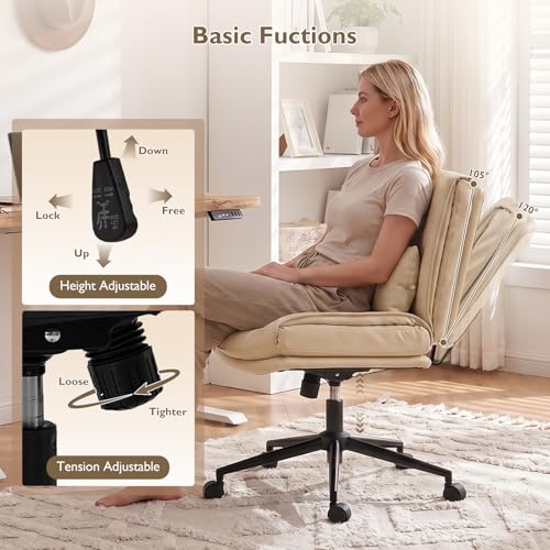 Armless Criss Cross Office Chair with Wheels,PU Leather Beige | 5.5" Double Layers Thickened Seat Cushion and Backrest,Lumbar Pillow,Swivel Chair,Wide Comfortable Cross Legged,320LBS - color: Beige