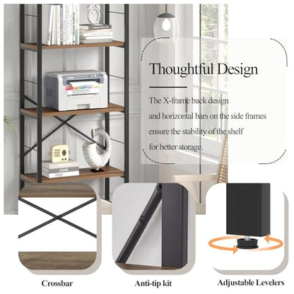 5 Tier Tall Bookshelf, Industrial Bookshelves and Bookcases, Modern Rustic Wood and Metal Book Shelf for Bedroom, Living Room and Home Office, Oak - color: Oak, size: 5-Tier
