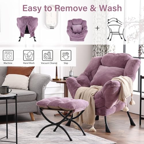 Lazy Chair with Ottoman, Plush Reading Chair with Pillow，Purple | Removable machine-washable cover; includes an extra throw pillow; cozy accent chair for living room, bedroom, dorm or office - color: Plush Purple-1